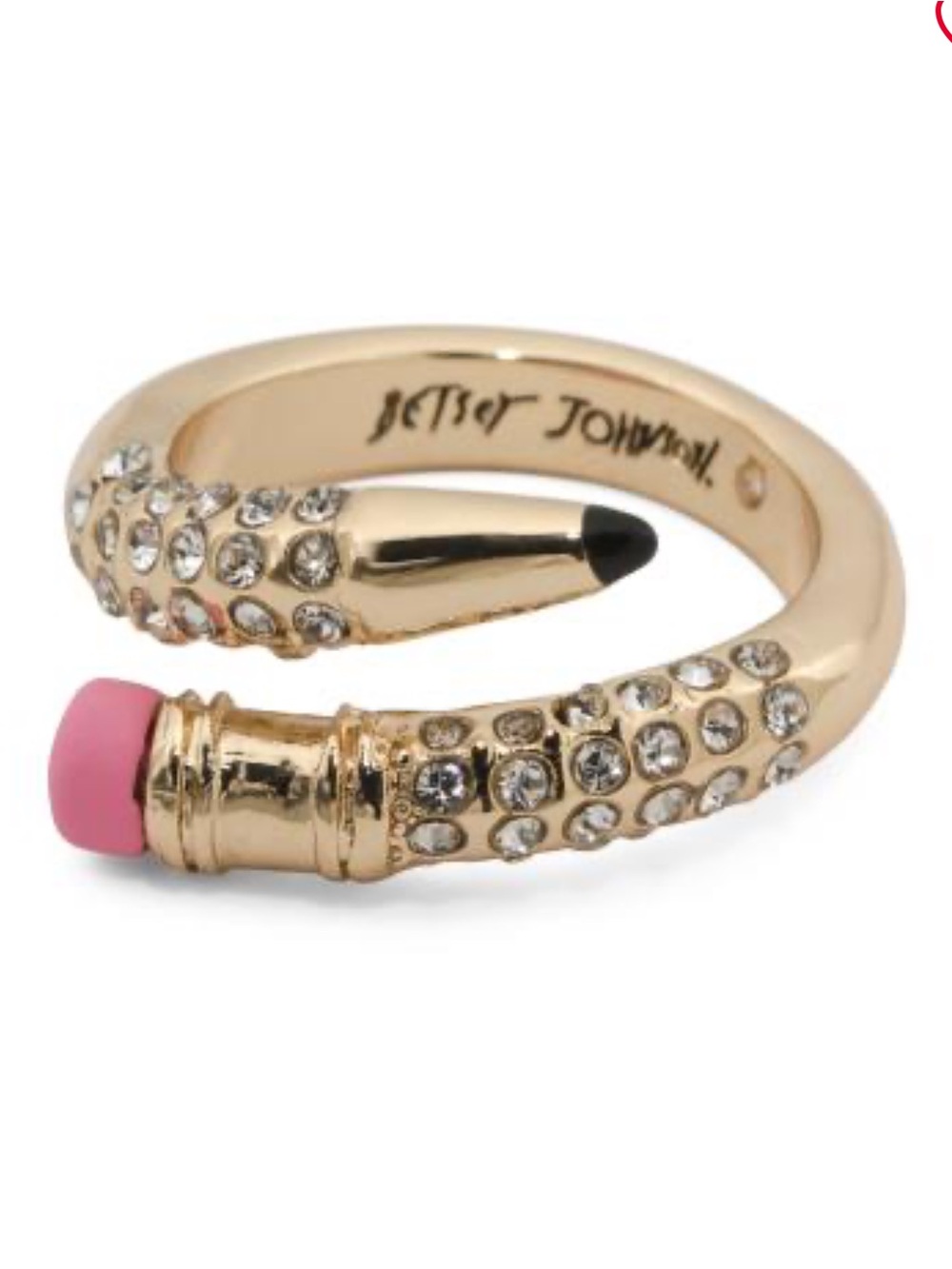 Betsey Johnson Gold Pencil Wrap Ring with Pink Eraser and Clear Crystals